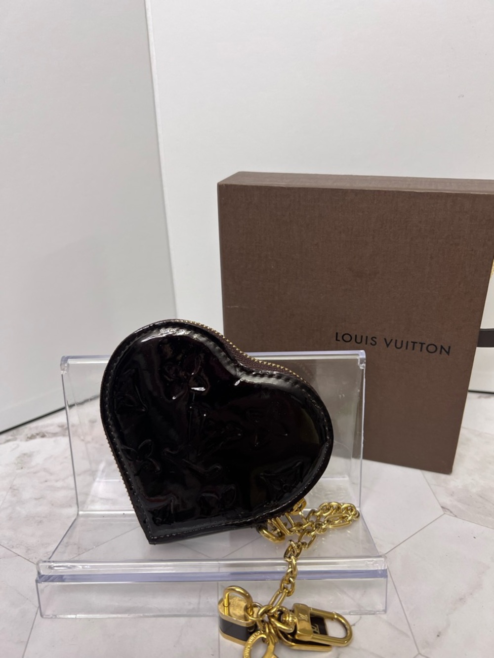 Louis Vuitton Burgundy Vernis Heart Coin Pouch with Gold Chain